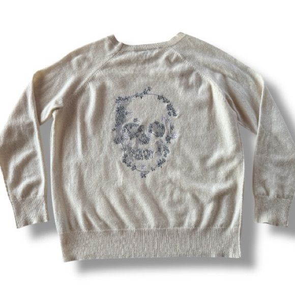 Skull Cashmere Alexa Embroidered Skull Sweater Cream Blue Size Large - Picture 2 of 11